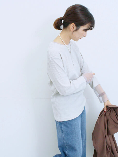 Samansa Mos2 blue「膨れジャガード袖チュールプルオーバー」|Tシャツ・カットソー|