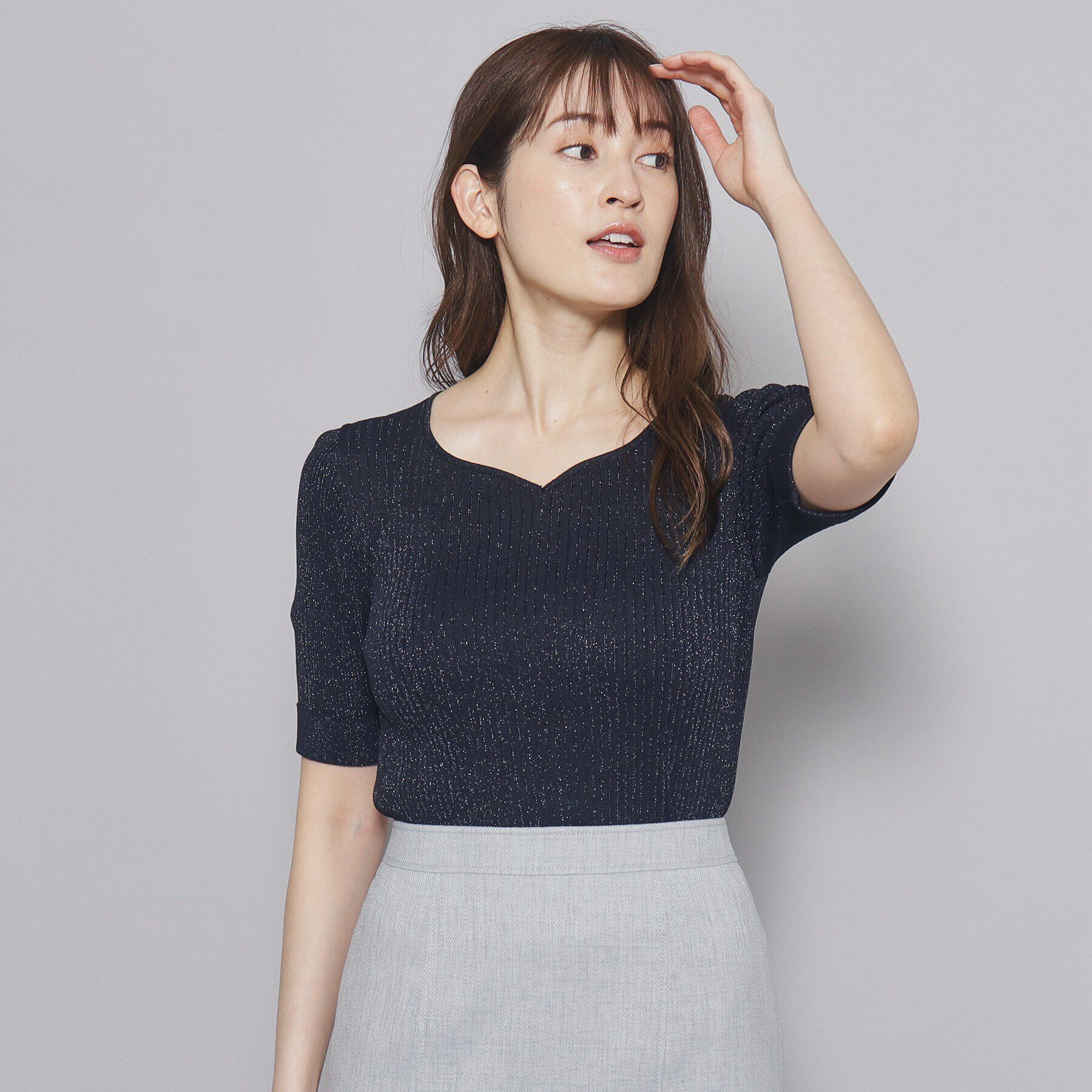 COUP DE CHANCE「【洗える／日本製／ハートネック】5分袖ラメ入りニットトップス」|ニット・セーター|
