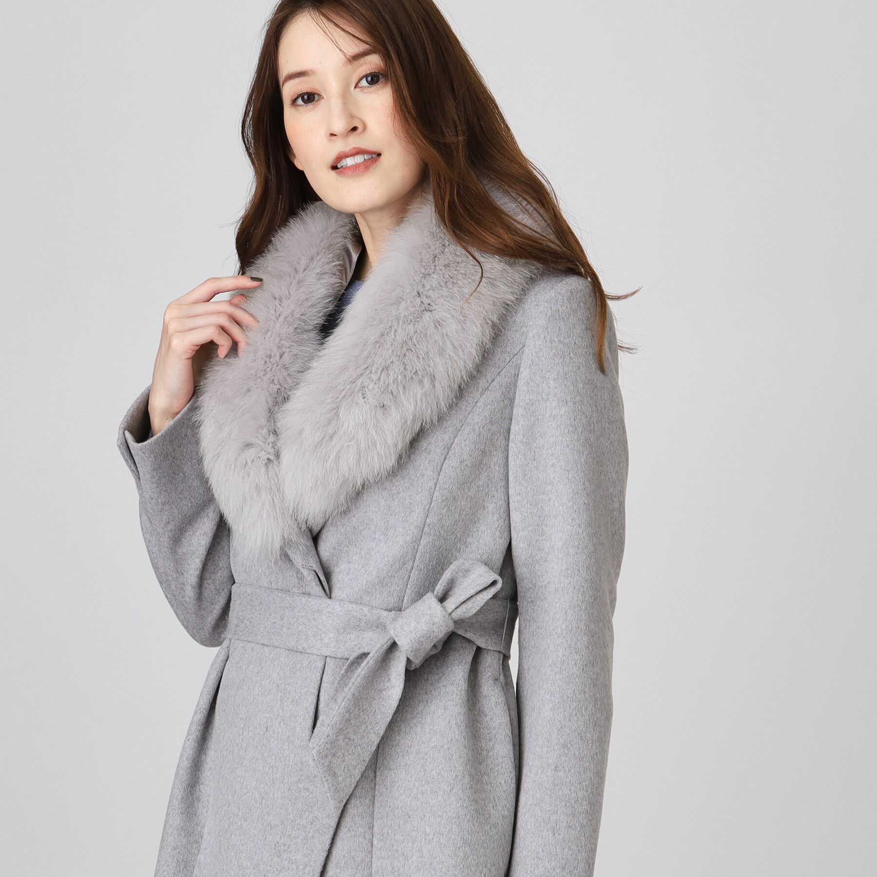 COUP DE CHANCE「【日本製／ブルーフォックスファー／カシミヤ混】ファー付ウールコート」|チェスターコート|ライトグレー(411