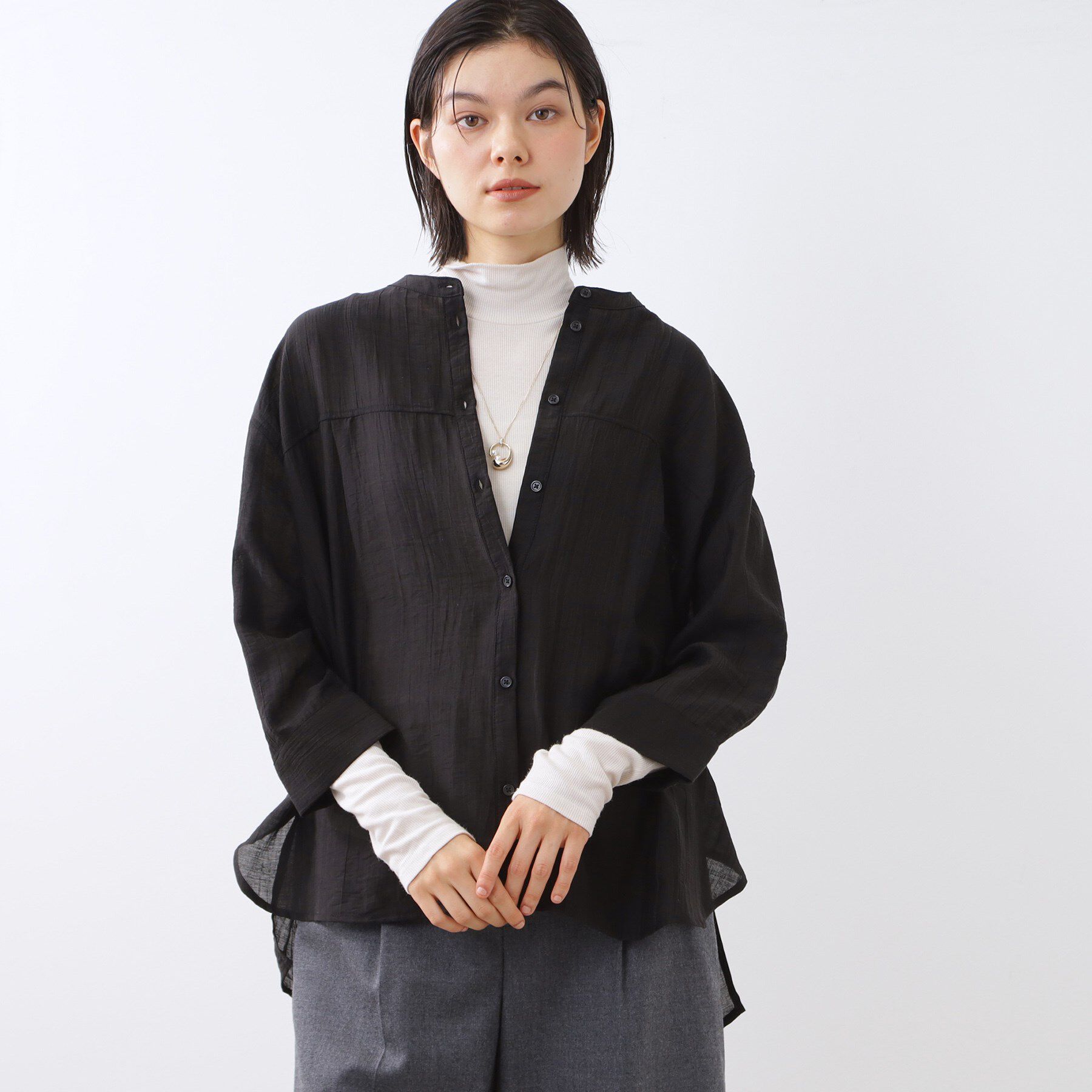 Reflect「【重ね着でも一枚着でも◎】バンドカラーオーバーサイズシャツブラウス」|シャツ・ブラウス|