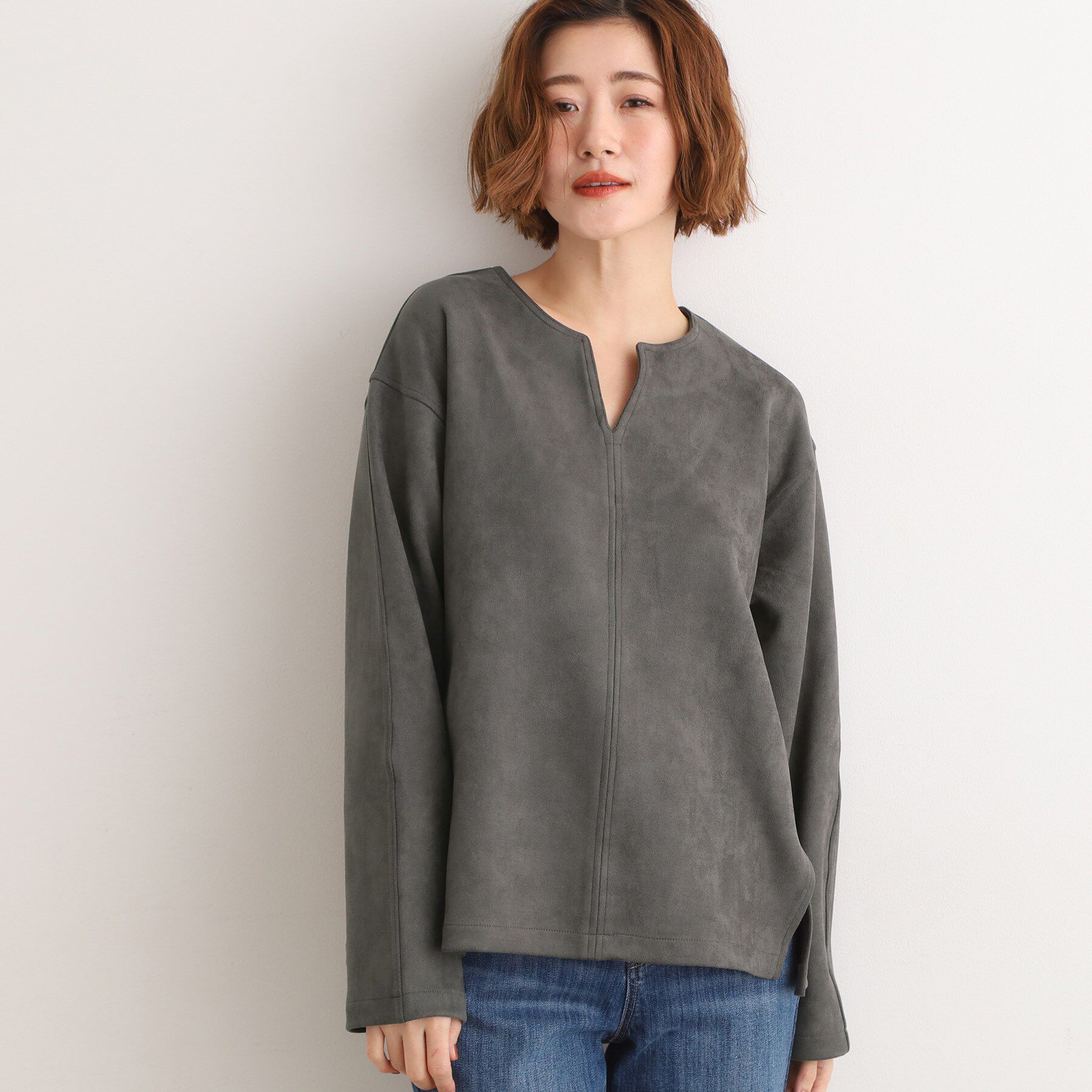 grove「スエード調キーネックプルオーバー」|Tシャツ・カットソー|チャコール(014)