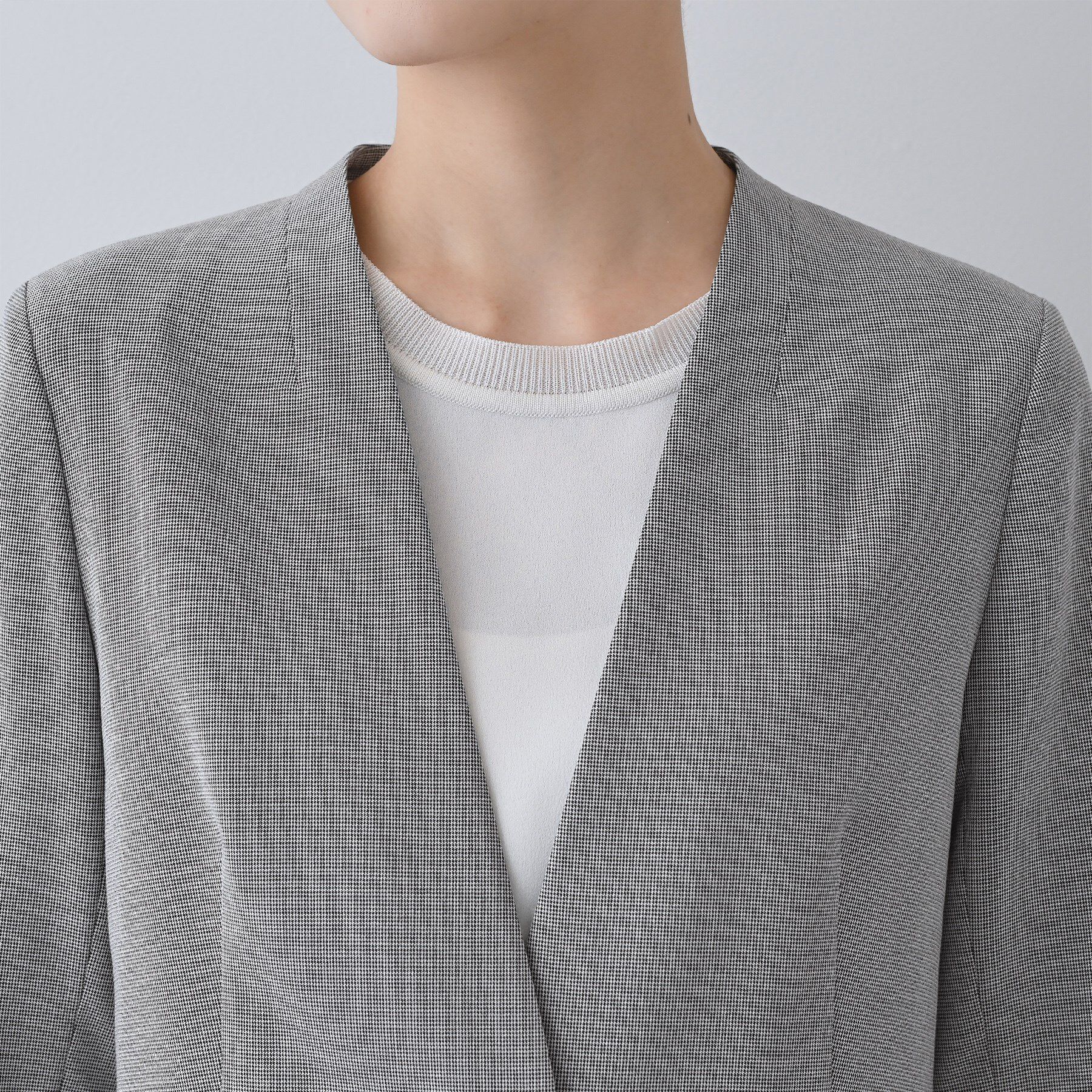 INDIVI「【洗える／夏スーツ】ミニ千鳥柄ノーカラージャケット」|ノーカラージャケット|