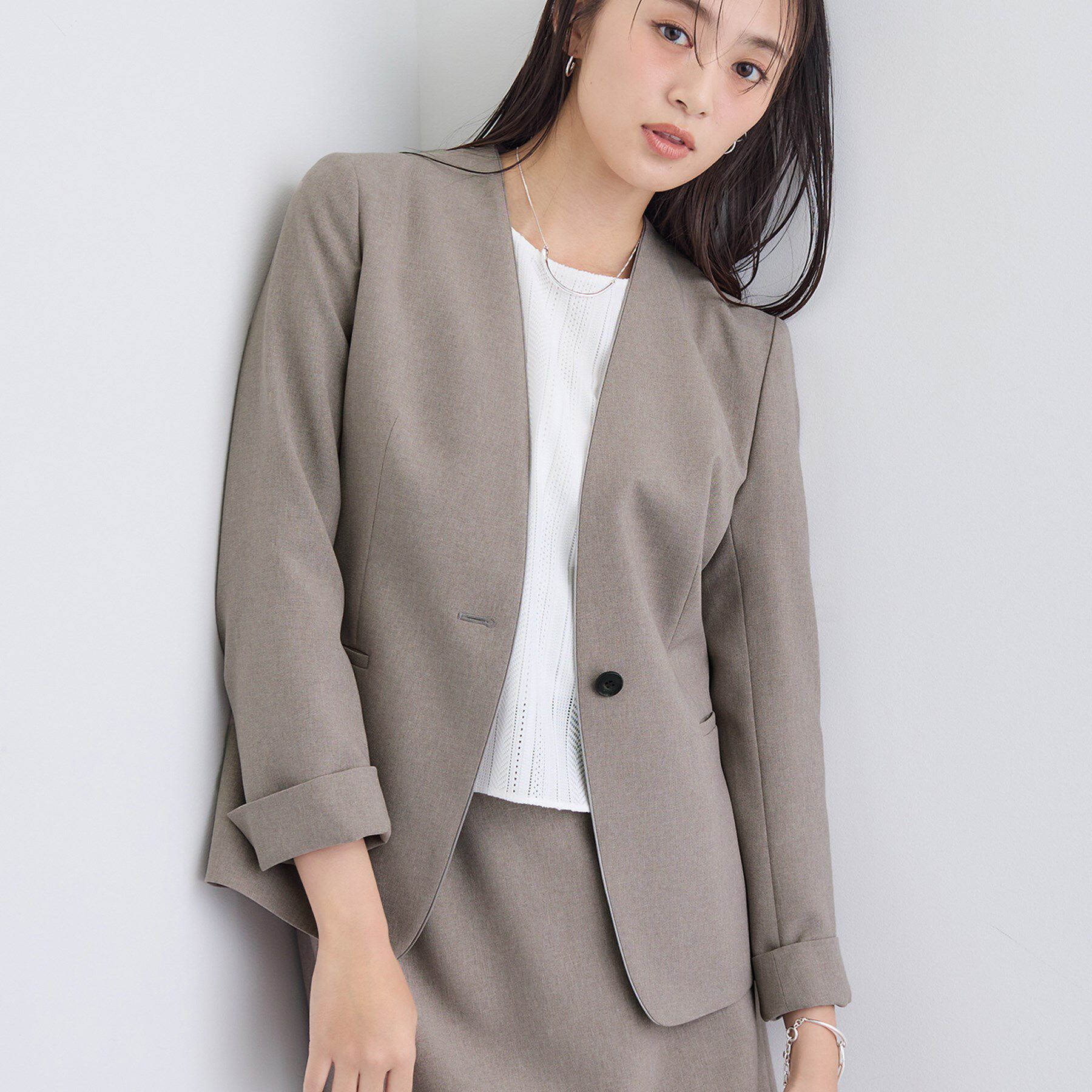 INDIVI「【洗える／通勤／スーツ】メランジストレッチ ノーカラージャケット」|スーツ|トープ(054)