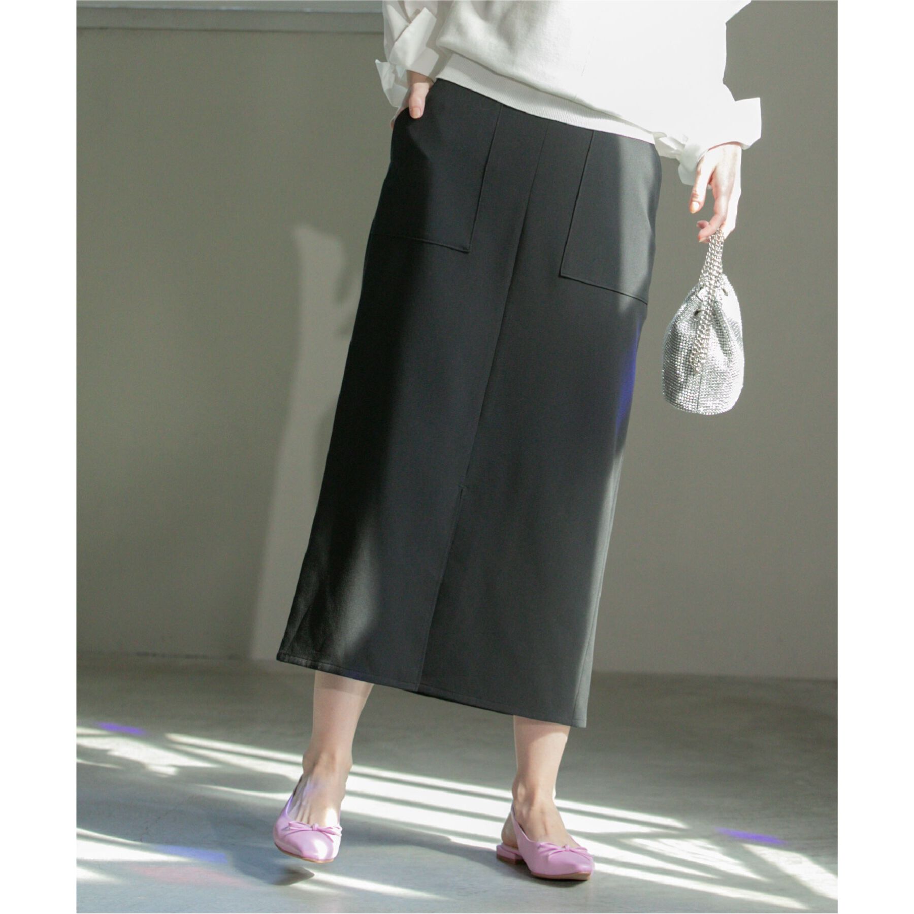 OPAQUE.CLIP「ストレッチダブルポケットタイトスカート【洗濯機洗い可/防シワ】」|スカート|ブラック(019)