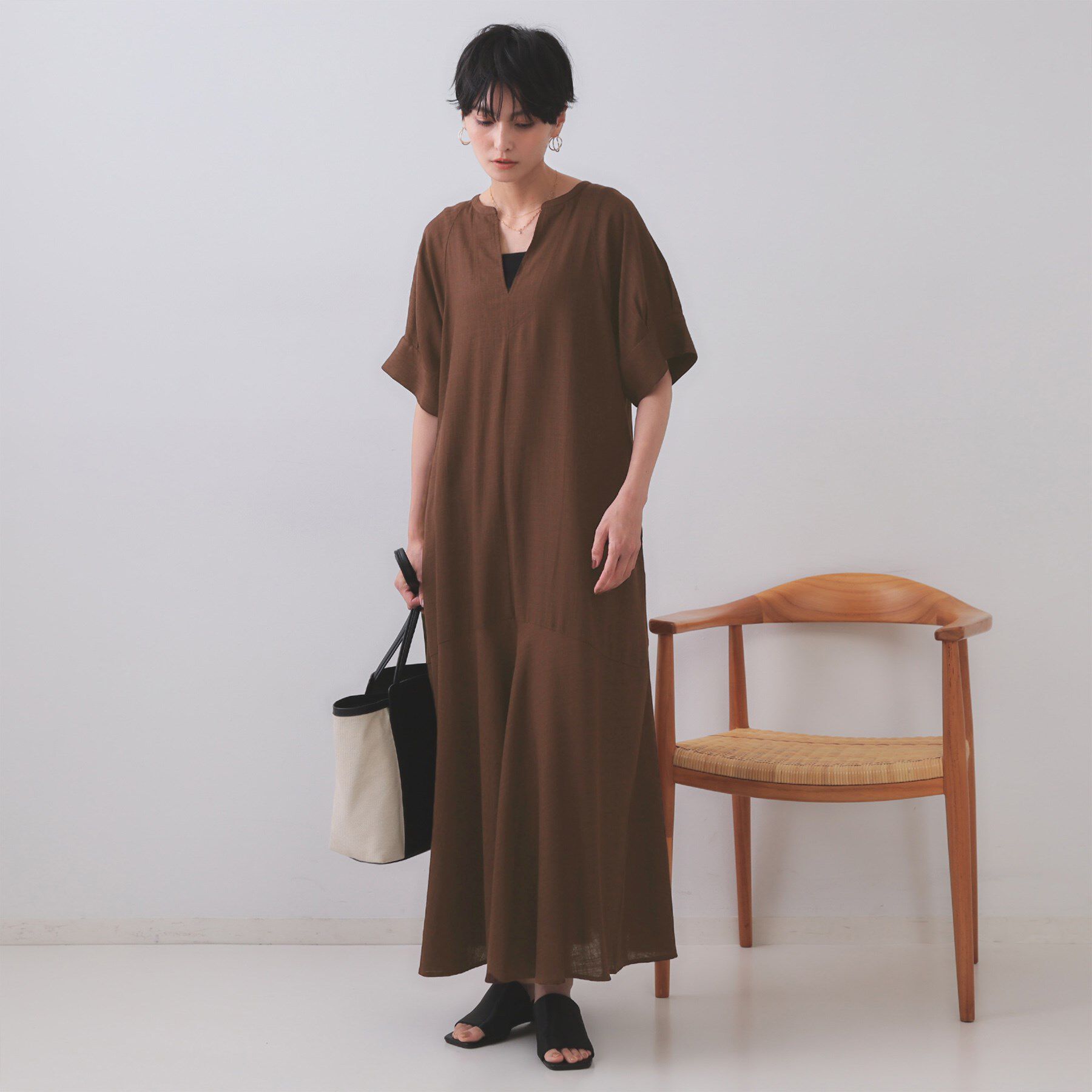 OPAQUE.CLIP「レーヨン麻キーネックワンピース【洗える】」|ワンピース|