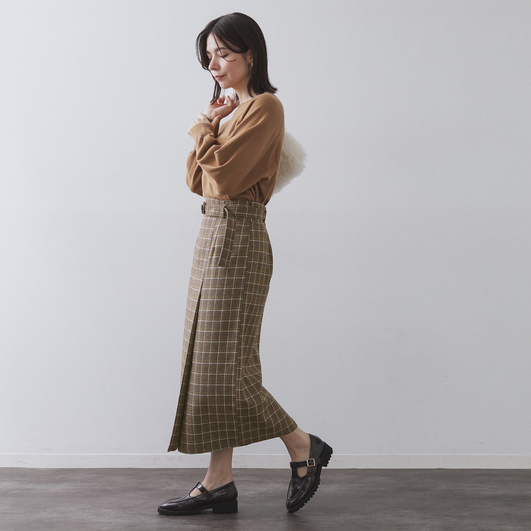 OPAQUE.CLIP「チェックツイード ラップ風ナロースカート【洗濯機OK】」|スカート|