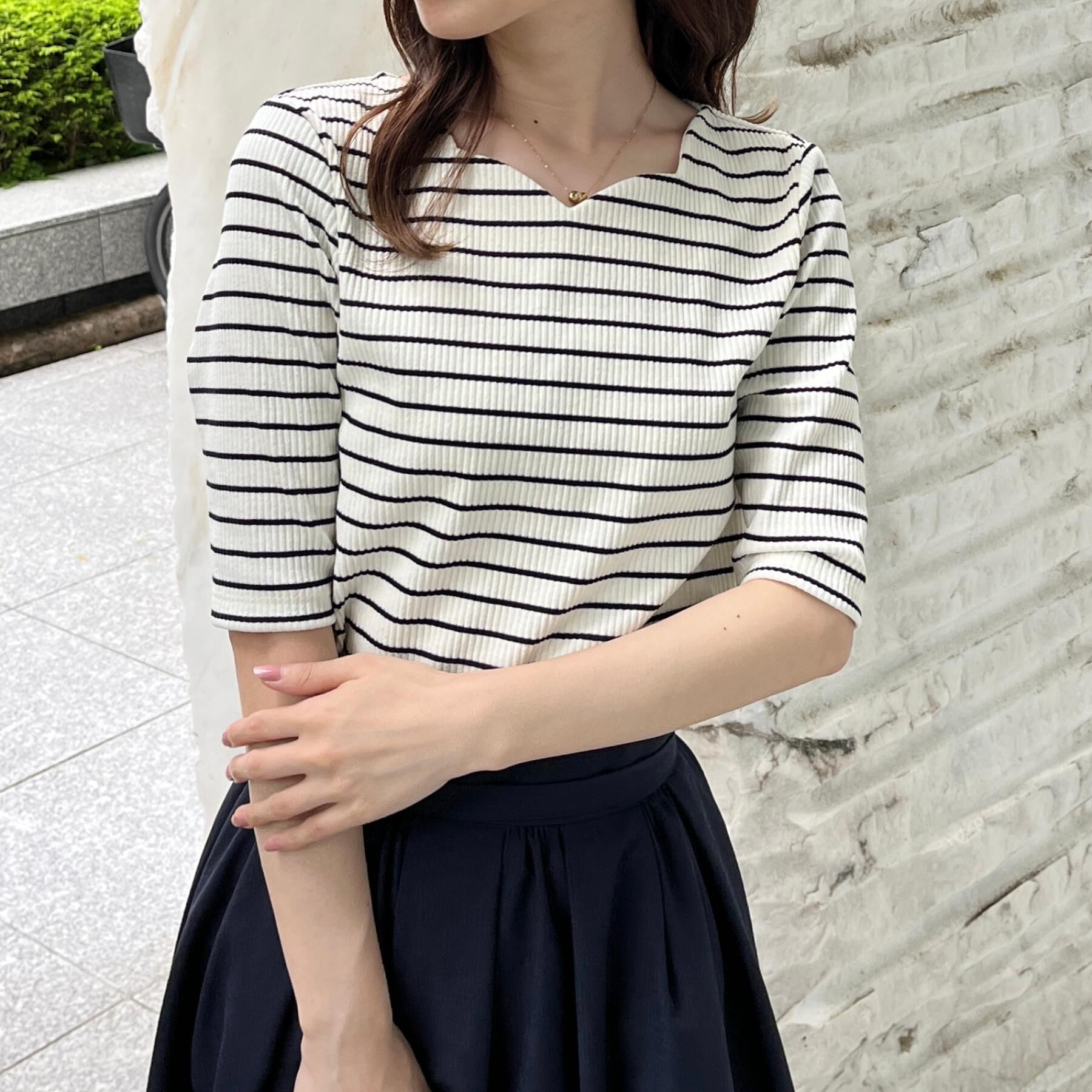 Couture broach「【マシンウォッシャブル・アンチピリング・二の腕カバー】ハートネックテレコ5分袖プルオーバー」|Tシャツ・カットソー|