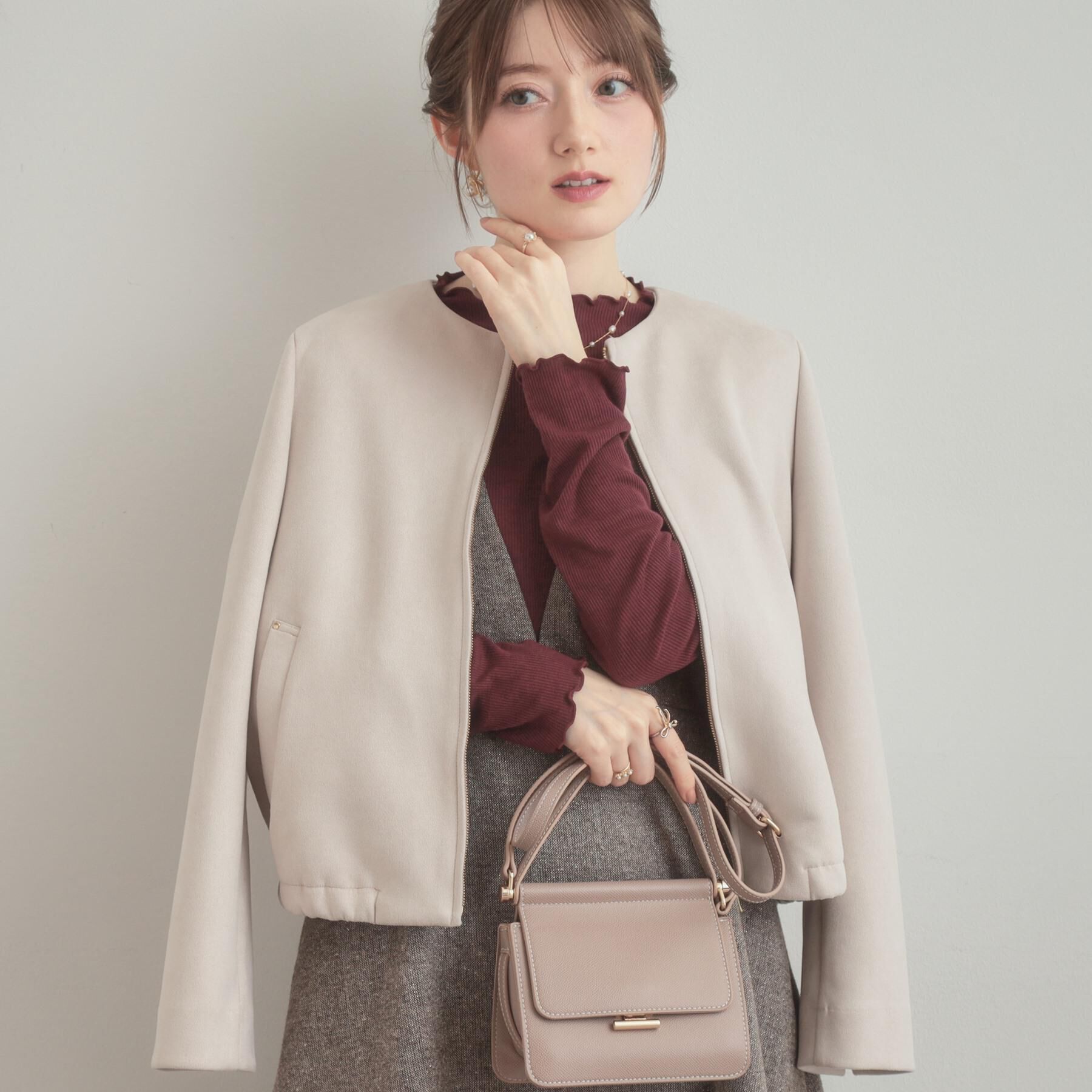 Couture broach「【通勤・大人上品】スエード調ダンボール ノーカラージャケット」|ブルゾン・スタジャン|ライトグレー(011