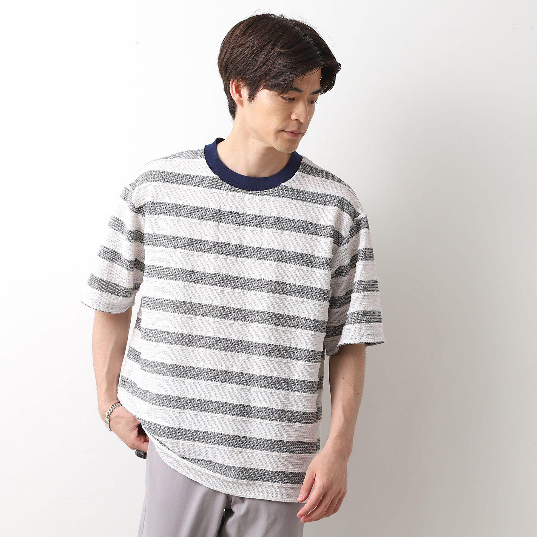 THE SHOP TK「変形ボーダー半袖Tシャツ【洗濯機OK】」|Tシャツ・カットソー|ネイビー(394)