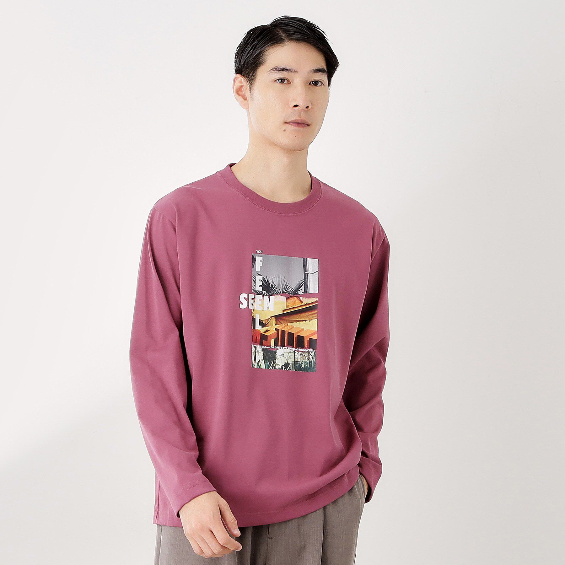 THE SHOP TK「フォトグラフプリント長袖Tシャツ【洗濯機OK】」|Tシャツ・カットソー|ブラウン(640)