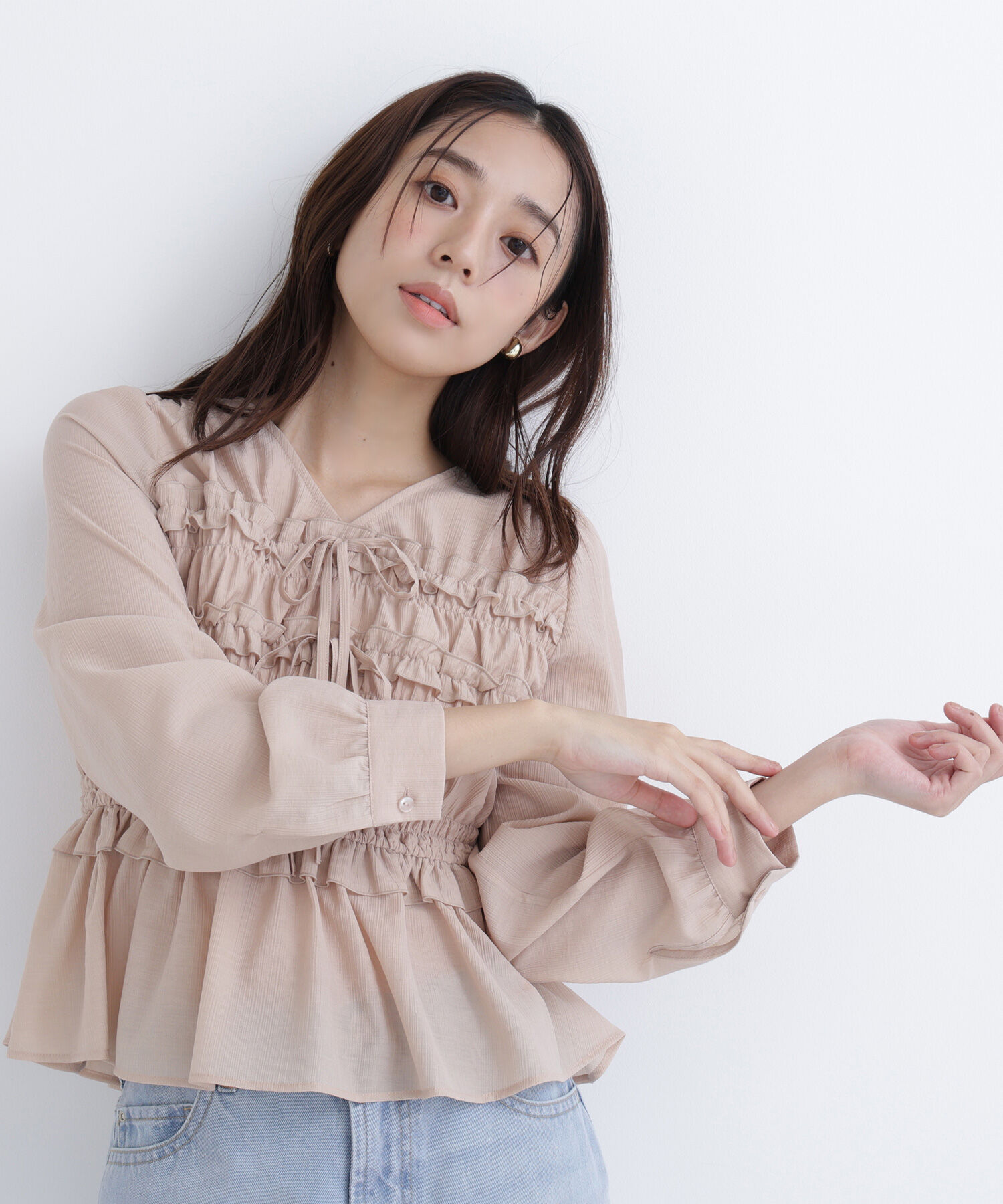  「フロントリボンペプラム楊柳ブラウス」|シャツ・ブラウス|