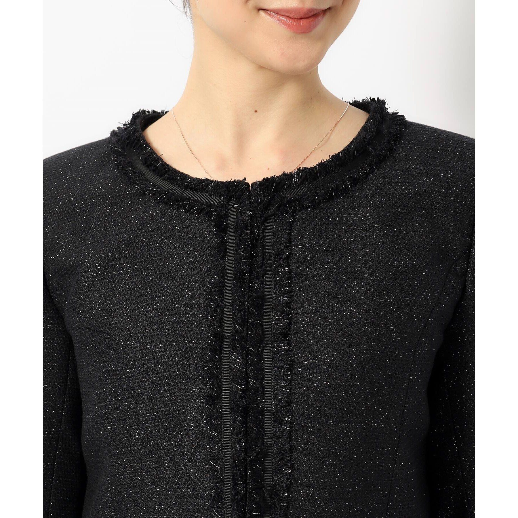 SHOO･LA･RUE「【S-3L】ツイードフリンジノーカラージャケット」|ノーカラージャケット|