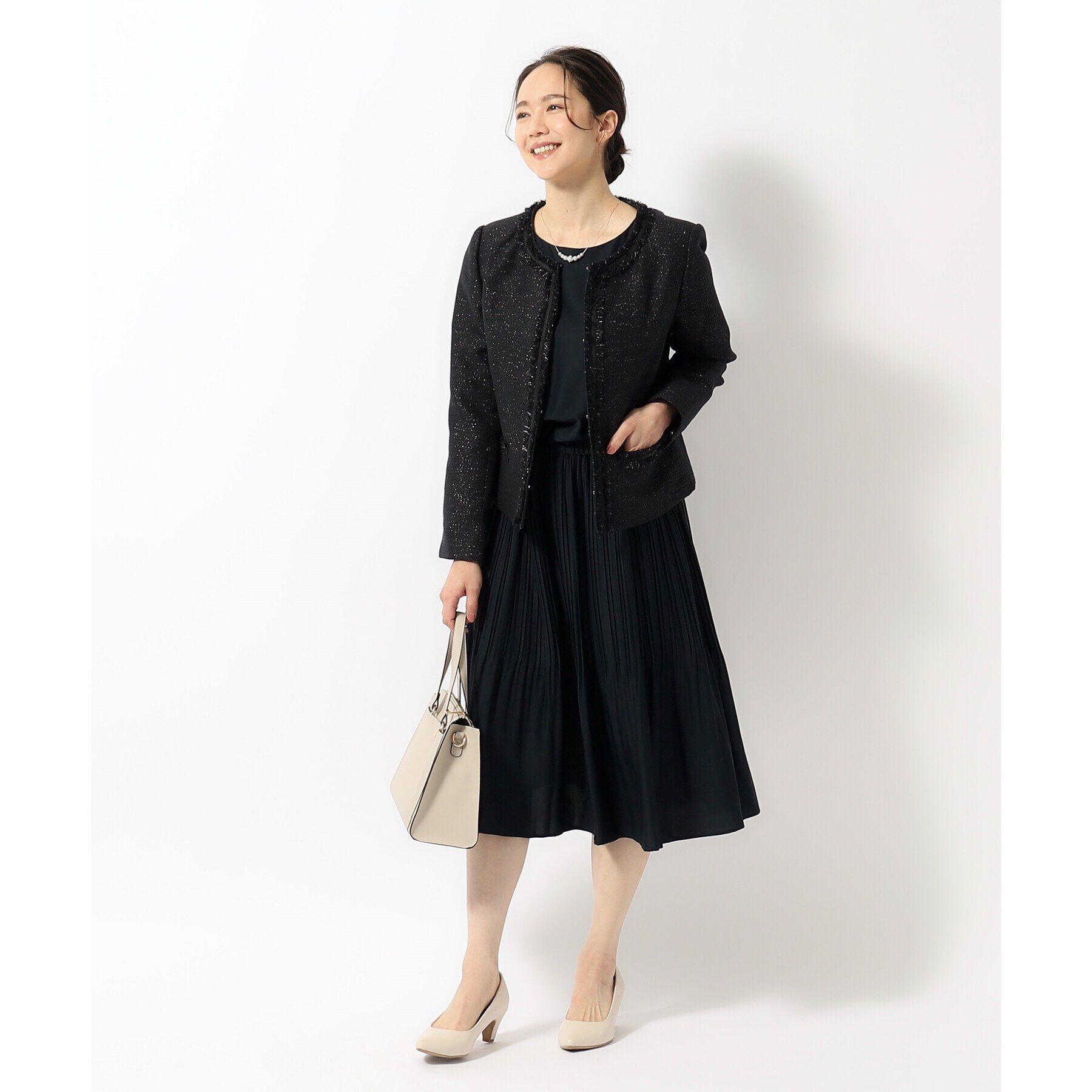 SHOO･LA･RUE「【S-3L】ツイードフリンジノーカラージャケット」|ノーカラージャケット|