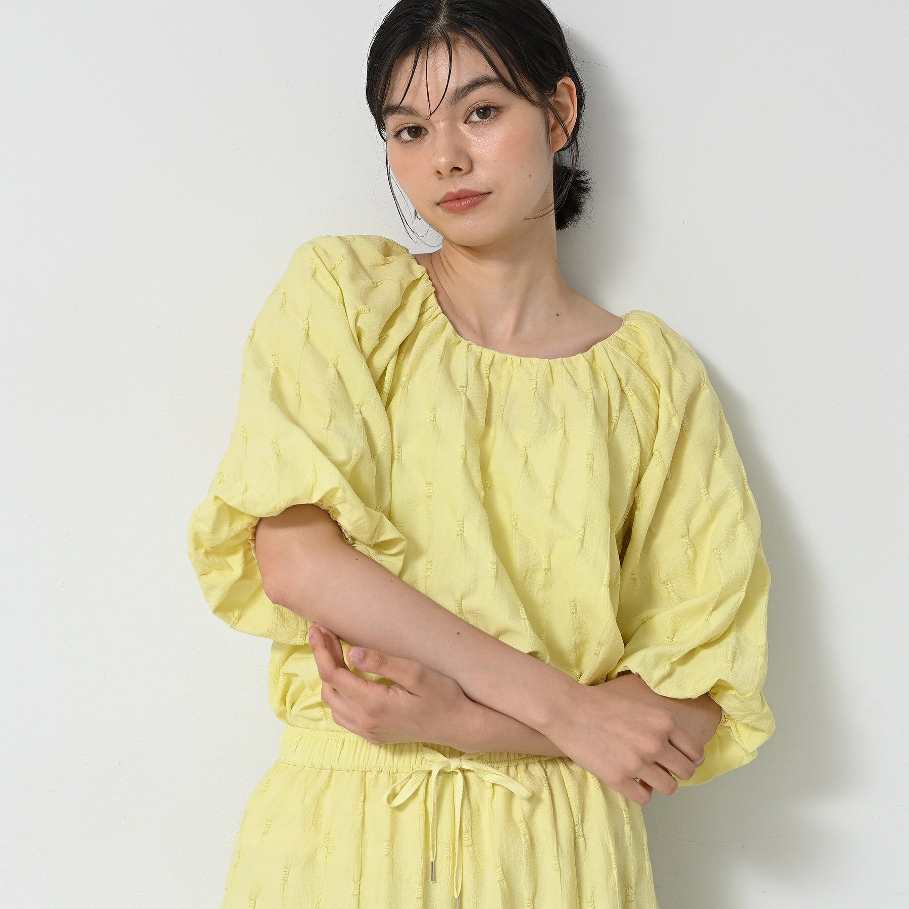 Dessin「【洗える／五分袖】バルーンスリーブジャガードブラウス」|シャツ・ブラウス|ライトイエロー(03
