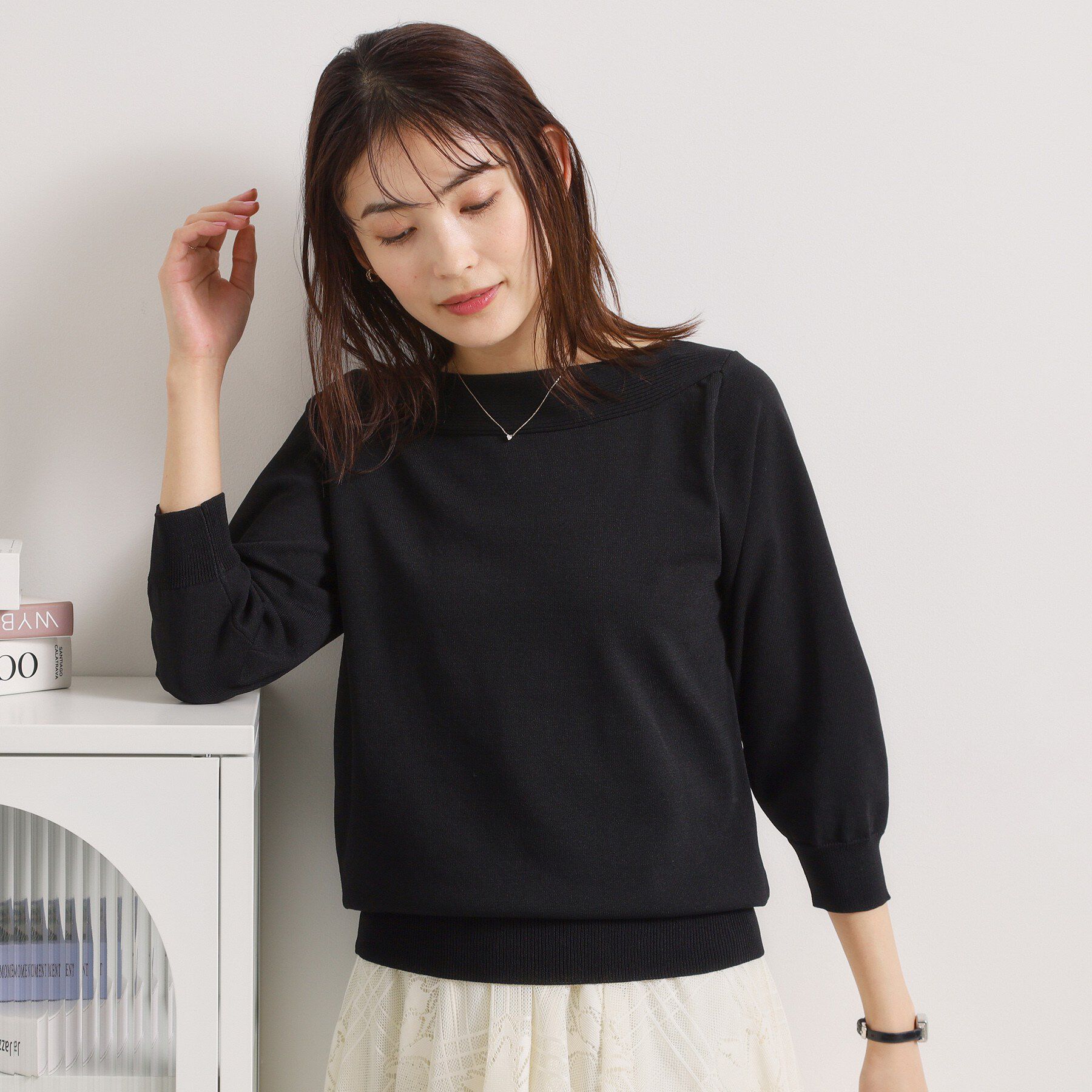 ITS&rsquo;DEMO「【繰り返し洗える／毛玉防止／洗濯機OK】タフニット 襟ぐり編地切替ニットプルオーバー」|ニット・セーター|ブラック(019)