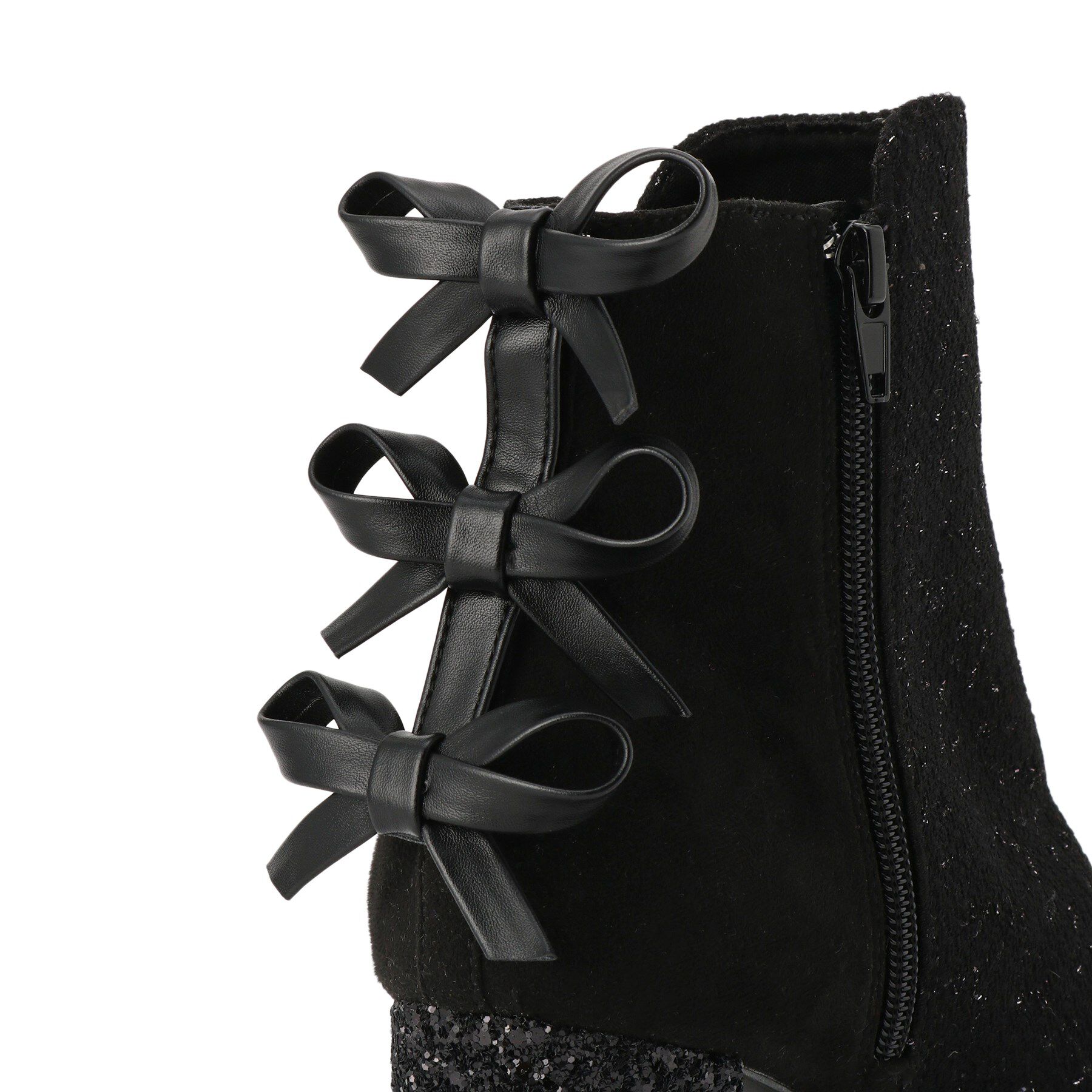 ESPERANZA「【ラク盛り/ショートブーツ】リピーター続出／脚長美脚 バックリボングリッターヒールショートブーツ」|ショートブーツ|