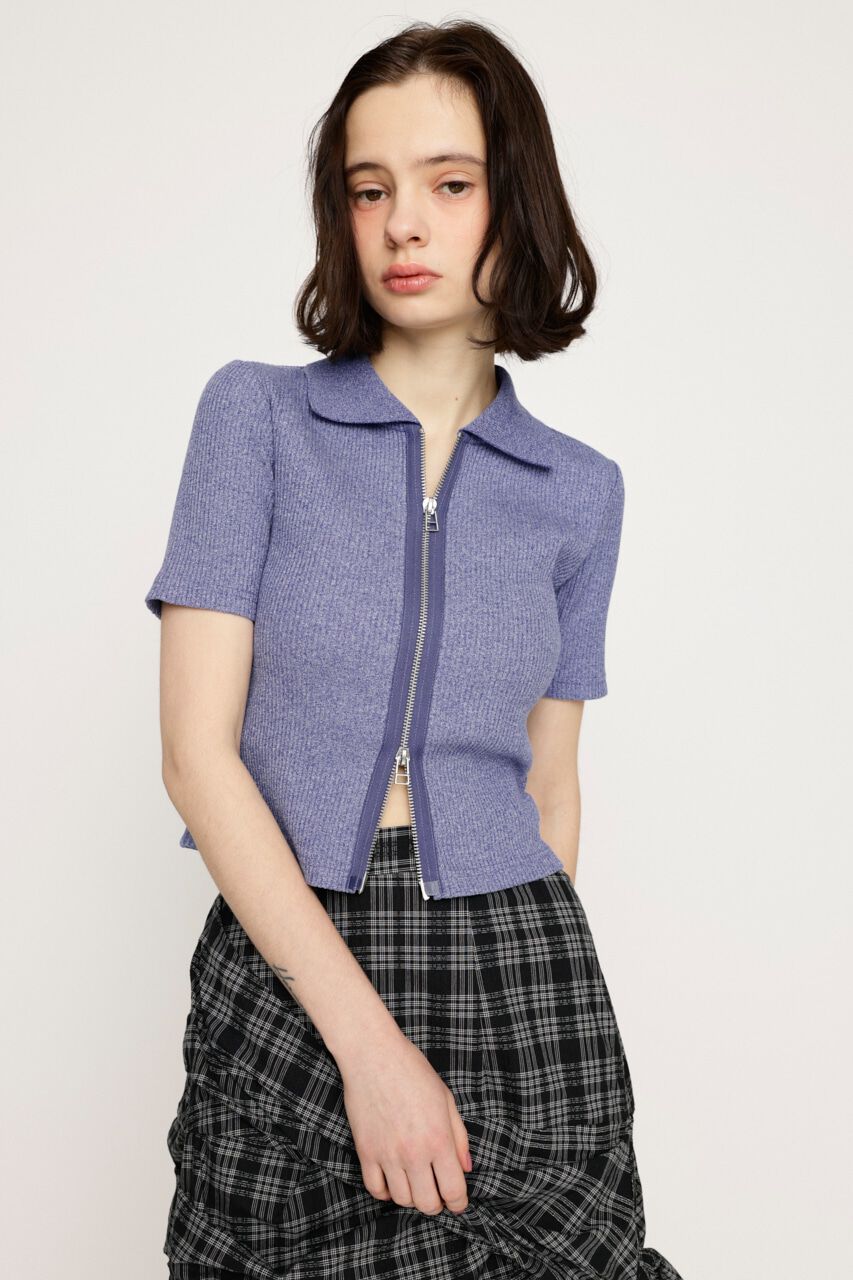 SLY「FRONT ZIP CUT RIB トップス」|Tシャツ・カットソー|M/BLU7