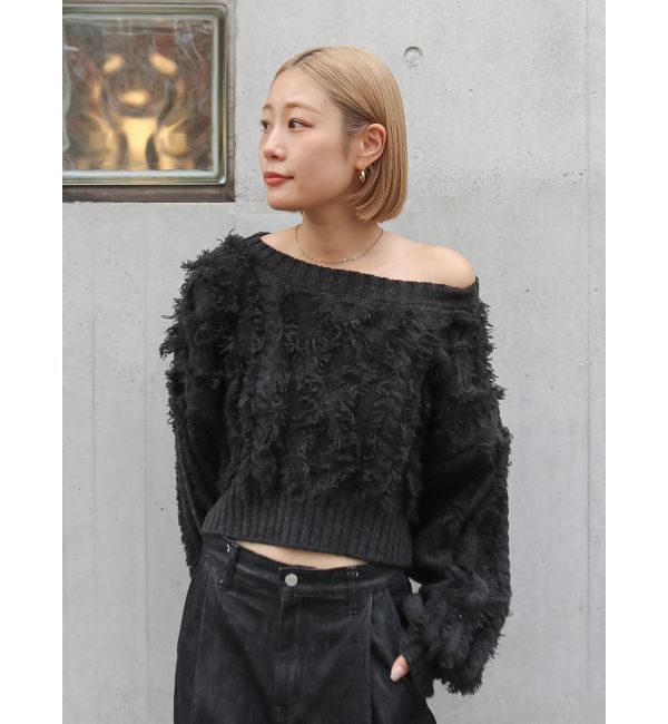 Ungrid「ワンショルフリンジケーブルショートニット」|ニット・セーター|チャコールグレー