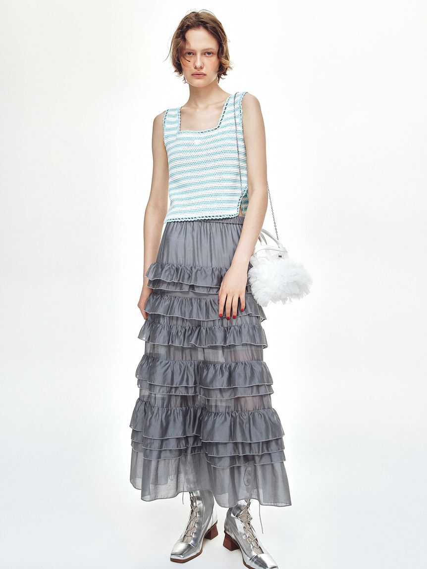 FURFUR「リボン刺繍ノースリーブボーダーニットトップス」|ニット・セーター|