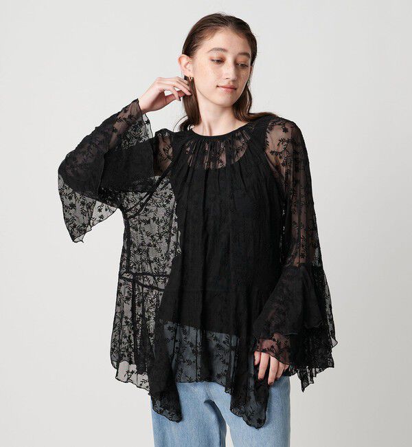 UNITED ARROWS「レース イレギュラー フリル ブラウス」|シャツ・ブラウス|BLACK