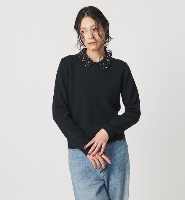 UNITED ARROWS「ラインストーン ポロ ニット」|ニット・セーター|BLACK