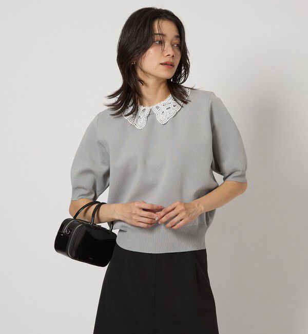UNITED ARROWS green label relaxing「襟レース 2WAY 5分袖 プルオーバー ニット  -ウォッシャブル-」|ニット・セーター|LT.GRAY