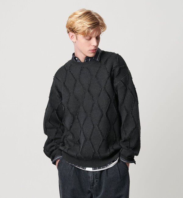 BEAUTY&YOUTH UNITED ARROWS「フリンジ パターン クルーネック ニット」|ニット・セーター|DK.GRAY