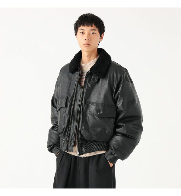 BEAMS「ワイドショートフィット G-1 シープレザー ダウンジャケット」|ブルゾン・スタジャン|