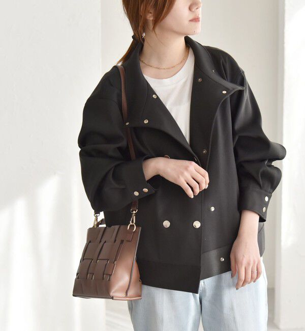 quaranciel「quaranciel: ダブル サテン スタンドカラー ブルゾン コート」|ブルゾン・スタジャン|ブラック