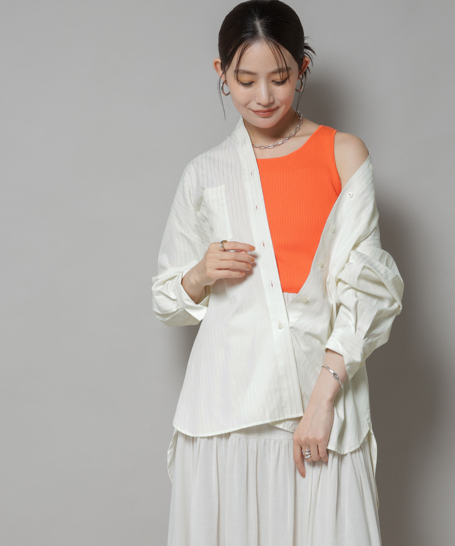 nano･universe「スタンドカラーストライプシャツ」|シャツ・ブラウス|ホワイト