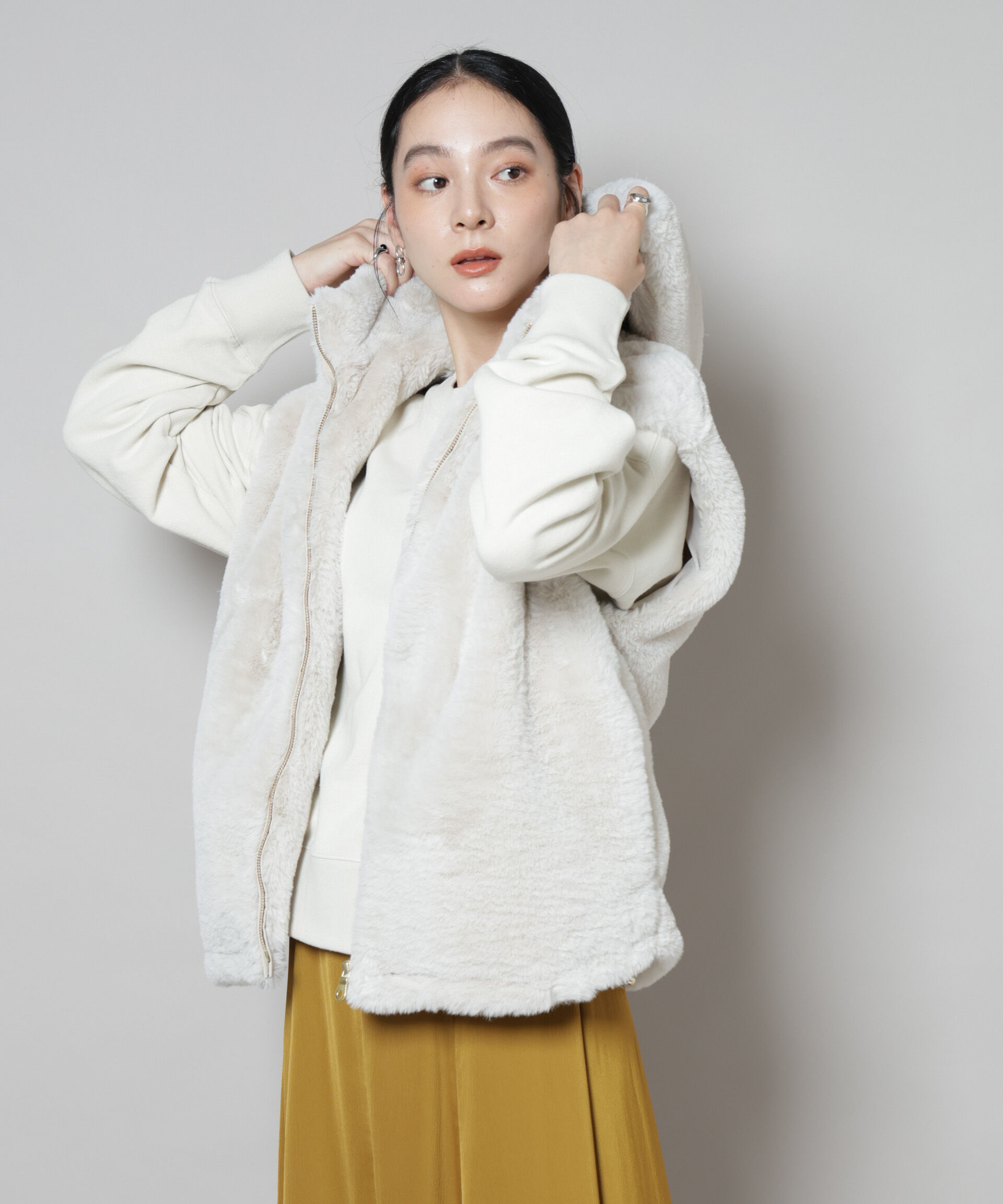 nano･universe「フェイクファーフードベスト」|テーラードジャケット|