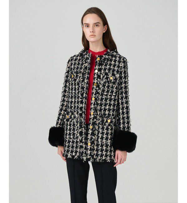 GRACE CONTINENTAL「ツイードファーコート」|ノーカラーコート|