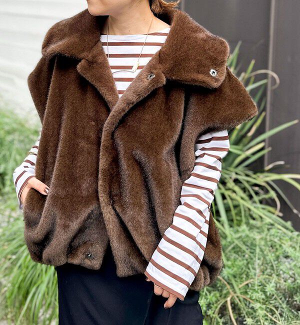 Rie Miller「エコファー衿付ベスト」|ブルゾン・スタジャン|ダークブラウン