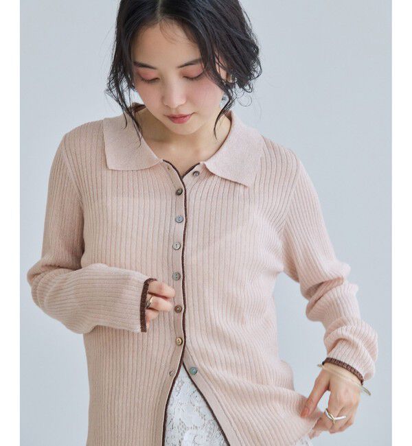 VIS「ポロ襟配色シアーリブカーディガン/イージーケア」|カーディガン|