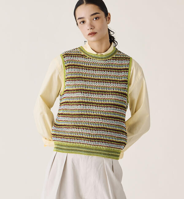  「COOHEM | マルチボーダー ニットベスト WOMEN」|ベスト・ジレ|GREEN系1