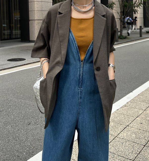  「細紐デニムフロントジップサロペット」|ワンピース|