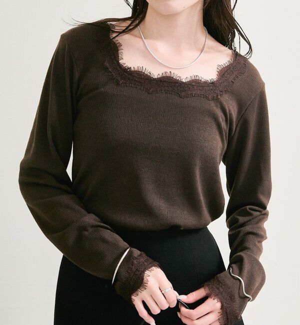  「スクエアネックレースロンT」|Tシャツ・カットソー|ブラウン