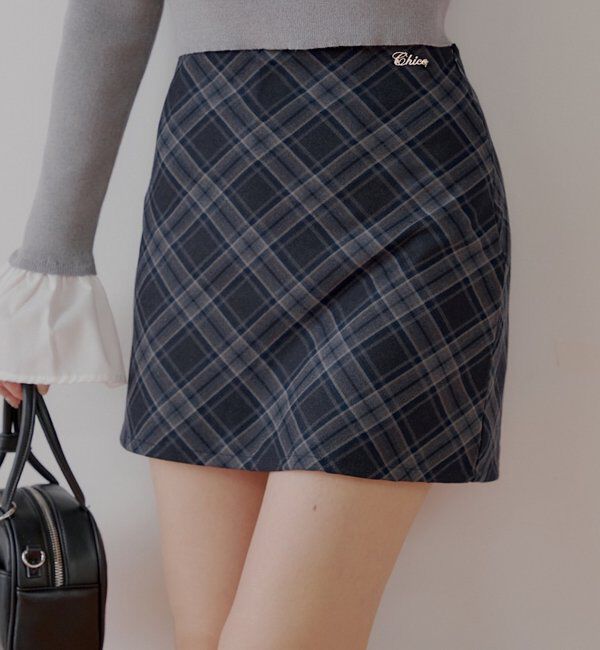  「2wayレイヤードチェックボックスタイトミニスカート」|スカート|ネイビー