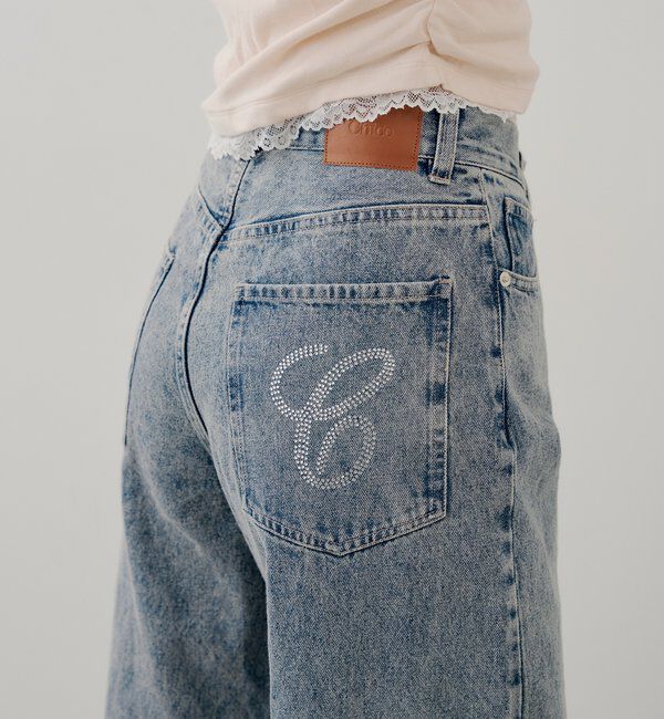  「ラインストーンロゴワイドデニムパンツ」|デニム|スカイブルー