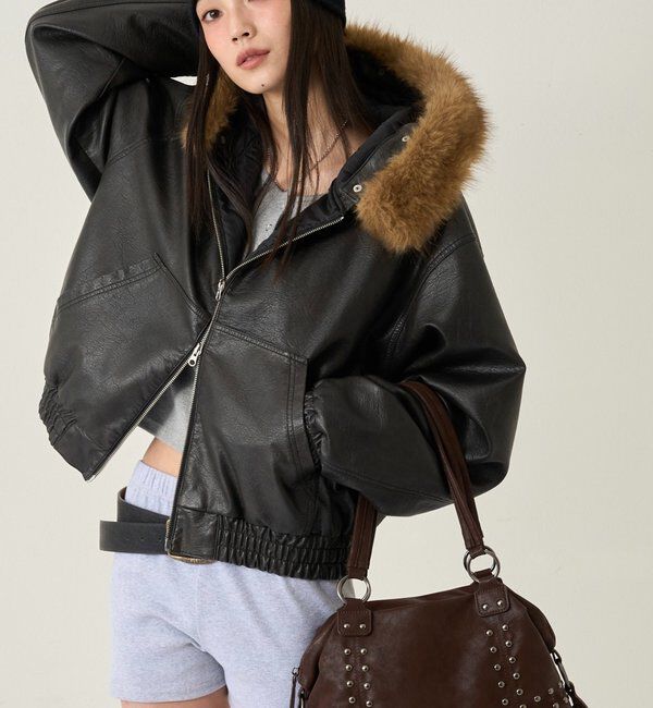  「【2way/ファー取り外し可能】ヴィンテージライクレザーファーフードブルゾン」|ブルゾン・スタジャン|