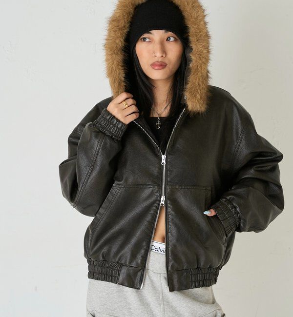  「【2way/ファー取り外し可能】ヴィンテージライクレザーファーフードブルゾン」|ブルゾン・スタジャン|