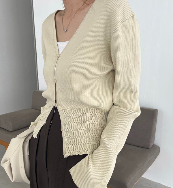  「【スタイルアップ効果◎】裾シャーリングリブカーディガン」|カーディガン|