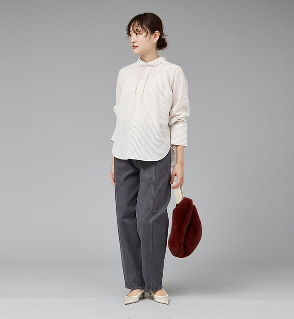 qualite「ストライプハイネックギャザーブラウス」|シャツ・ブラウス|