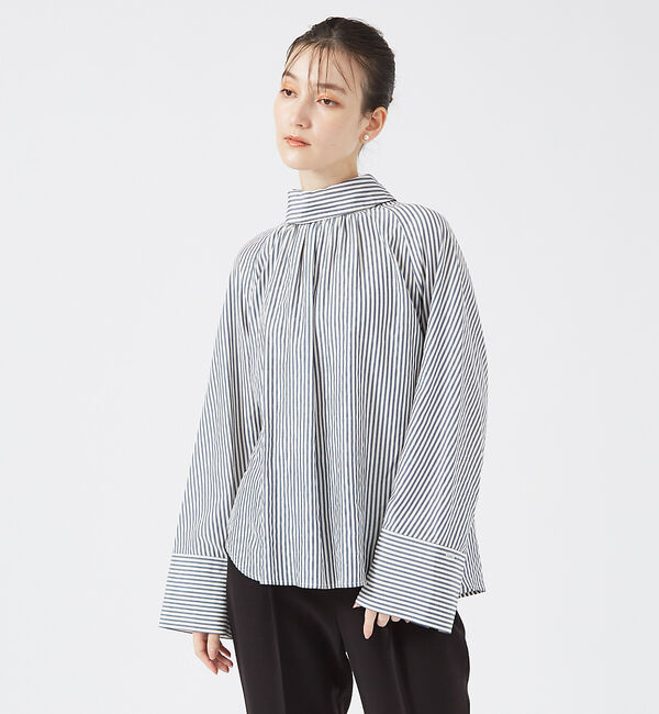 qualite「ストライプハイネックギャザーブラウス」|シャツ・ブラウス|