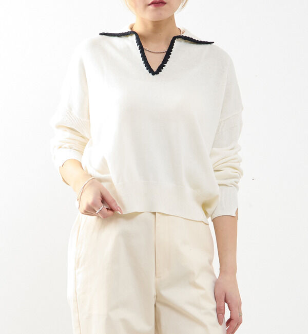 SOFFITTO「かぎ針刺繍スキッパーニット」|ニット・セーター|オフホワイト