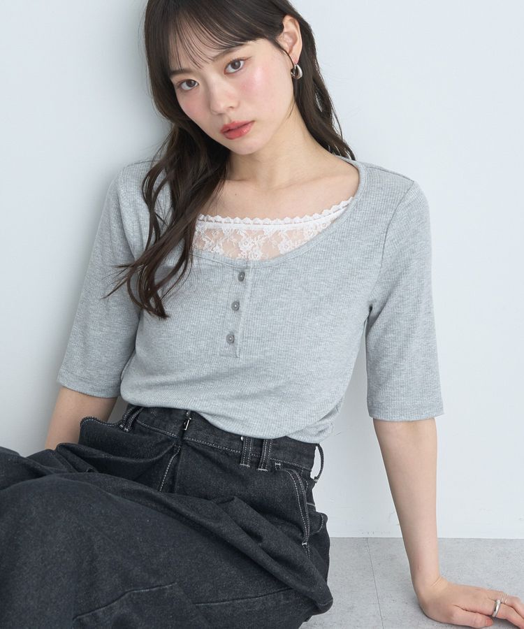 earth music&ecology「レースレイヤードリブプルオーバー」|Tシャツ・カットソー|