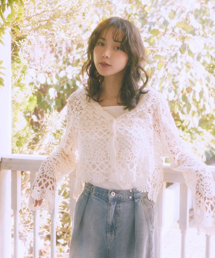 earth music&ecology「クロシェ風Vネックカーディガン」|カーディガン|