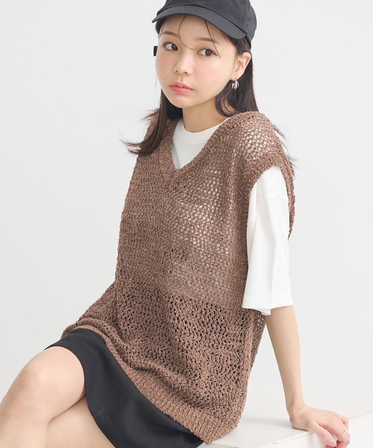 earth music&ecology「クルクルヤーンメッシュベスト」|ベスト・ジレ|Brown