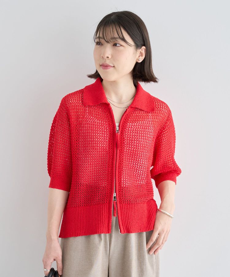 Green Parks「襟付きメッシュ編みZIPカーディガン」|カーディガン|