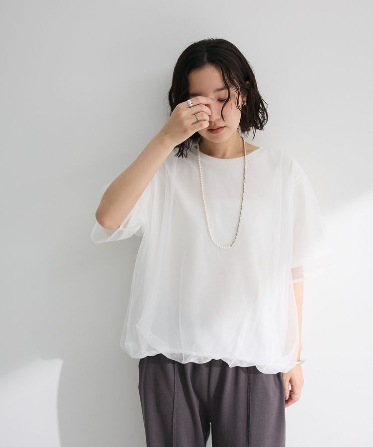 Green Parks「チュールドッキングバルーン5分袖プルオーバー」|Tシャツ・カットソー|